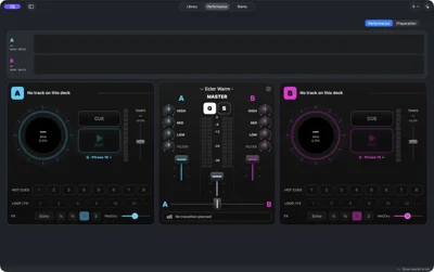 Earlier empty-deck Performance interface: Deck A on the left, mixer in the centre and Deck B on the right.