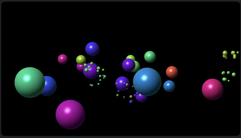 Glossy multicoloured spheres float against black.