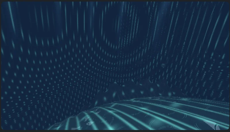 Cyan trails and dotted grids curve through a deep blue tunnel.
