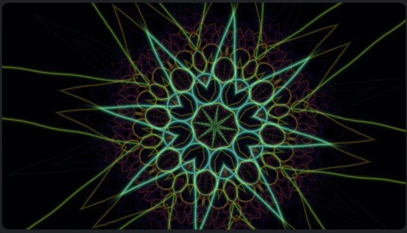 Multicoloured mirrored patterns radiate from a central star.