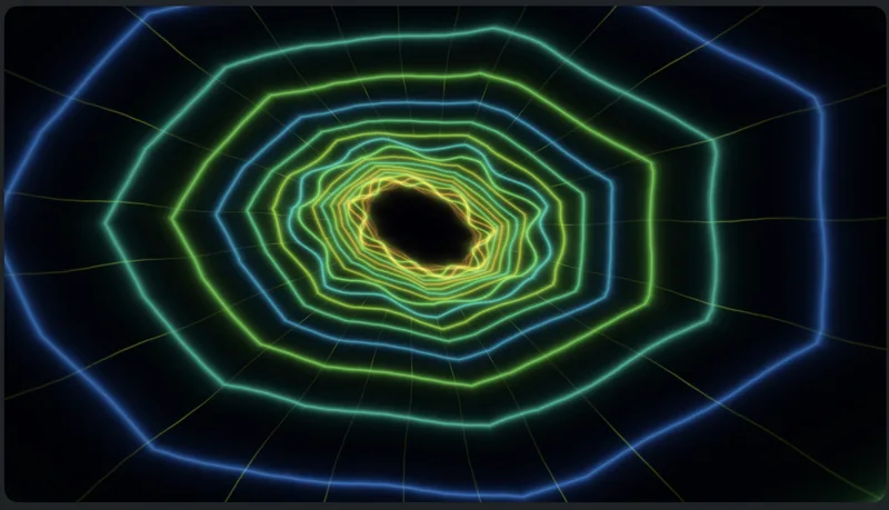 Nested green, cyan and blue neon rings form a geometric tunnel.