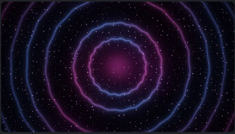Pink and blue concentric waves ripple across a star field.