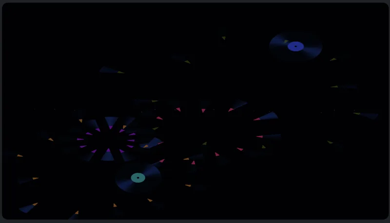 Vinyl records and coloured radial fragments float against black.