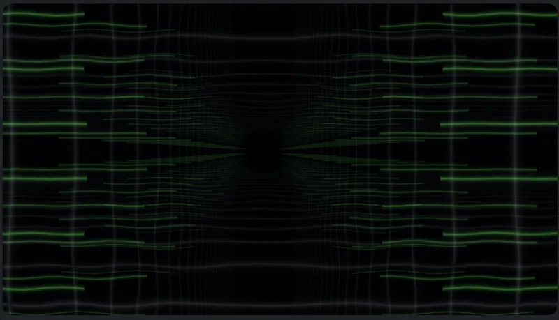 Green and grey light grids recede towards a central opening.