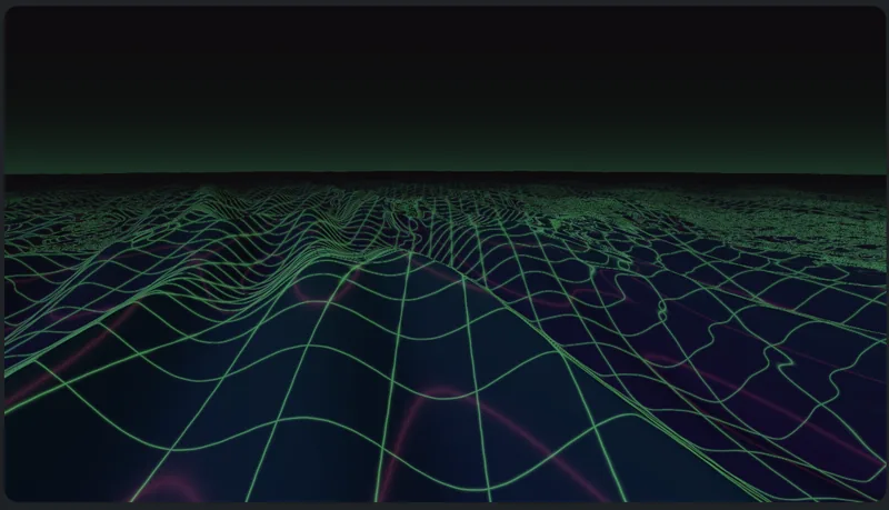 Green wireframe waves stretch towards a dark horizon.
